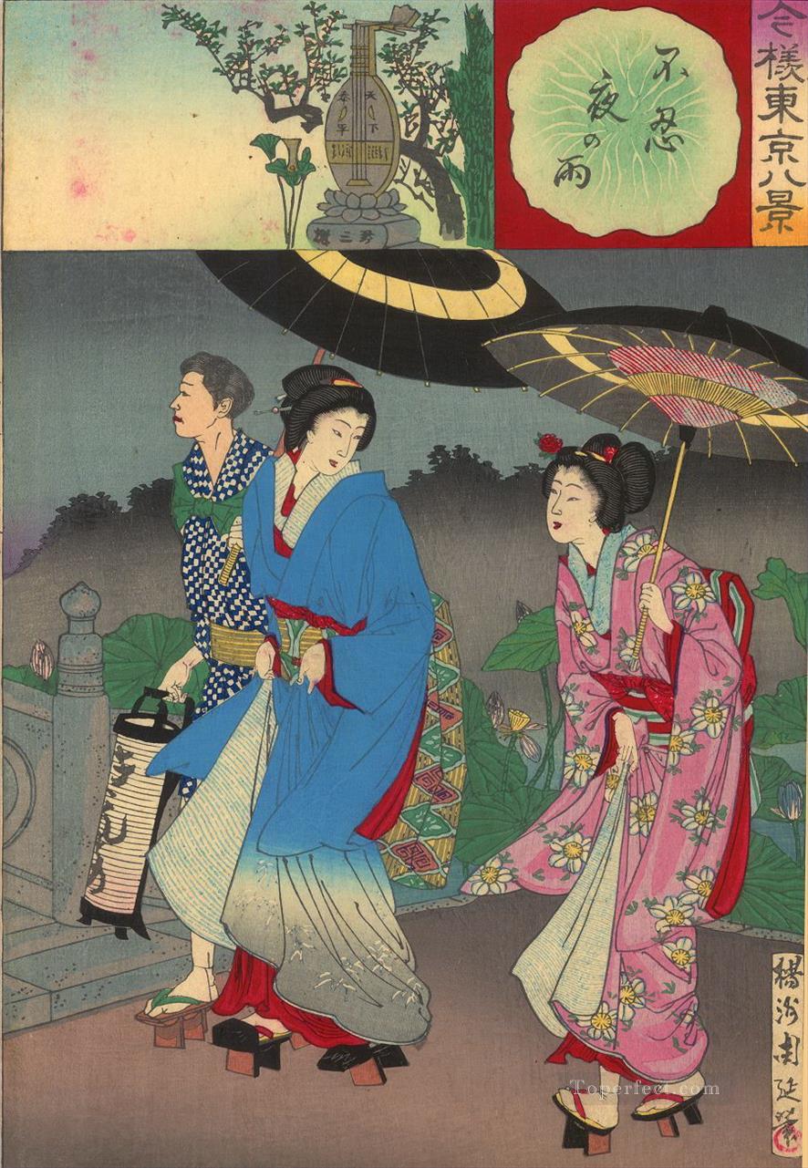Two women walking with escort Toyohara Chikanobu Oil Paintings